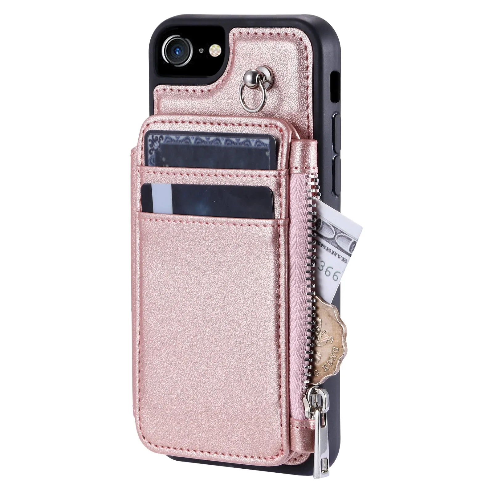 009 For iPhone 6 / 6s / 7 / 8 / SE (2020) / SE (2022) Back Shell RFID Blocking Zipper Wallet Case PU Leather TPU Kickstand Phone Cover with Straps