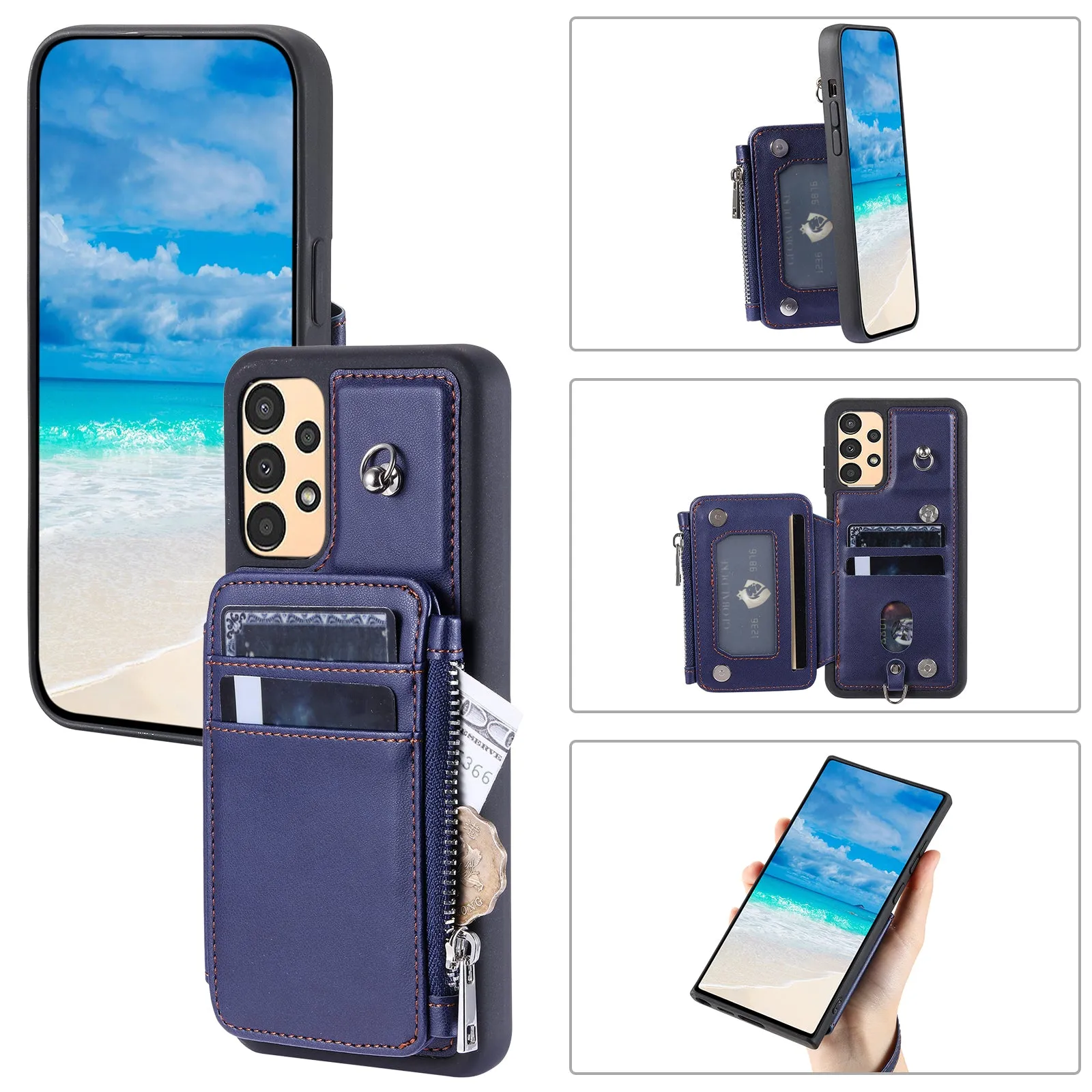 009 For Samsung Galaxy A52 4G / A52 5G / 52s 5G RFID Blocking Phone Case PU TPU Cover Kickstand Zipper Wallet Shell with Strap