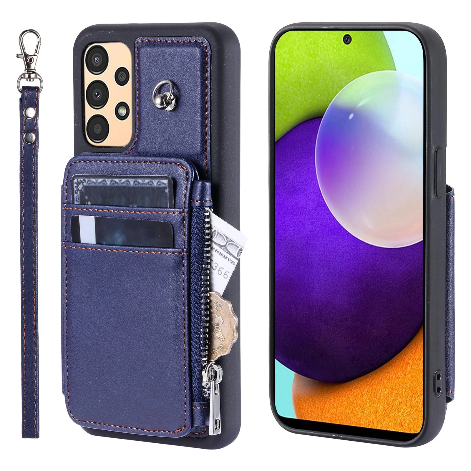 009 For Samsung Galaxy A52 4G / A52 5G / 52s 5G RFID Blocking Phone Case PU TPU Cover Kickstand Zipper Wallet Shell with Strap