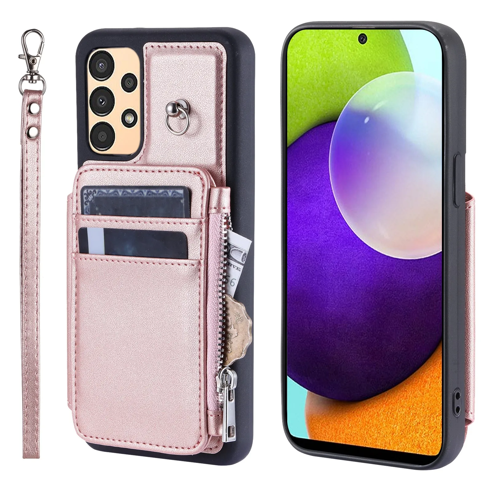 009 For Samsung Galaxy A52 4G / A52 5G / 52s 5G RFID Blocking Phone Case PU TPU Cover Kickstand Zipper Wallet Shell with Strap