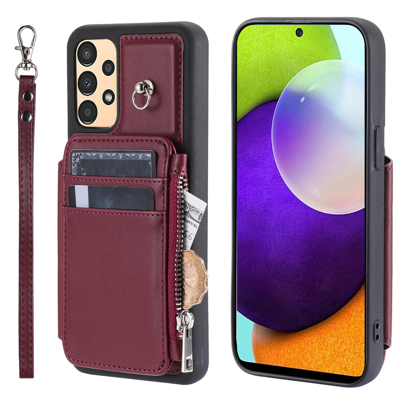 009 For Samsung Galaxy A52 4G / A52 5G / 52s 5G RFID Blocking Phone Case PU TPU Cover Kickstand Zipper Wallet Shell with Strap