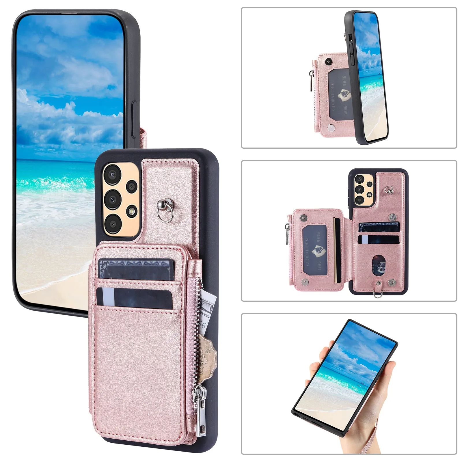 009 For Samsung Galaxy A52 4G / A52 5G / 52s 5G RFID Blocking Phone Case PU TPU Cover Kickstand Zipper Wallet Shell with Strap