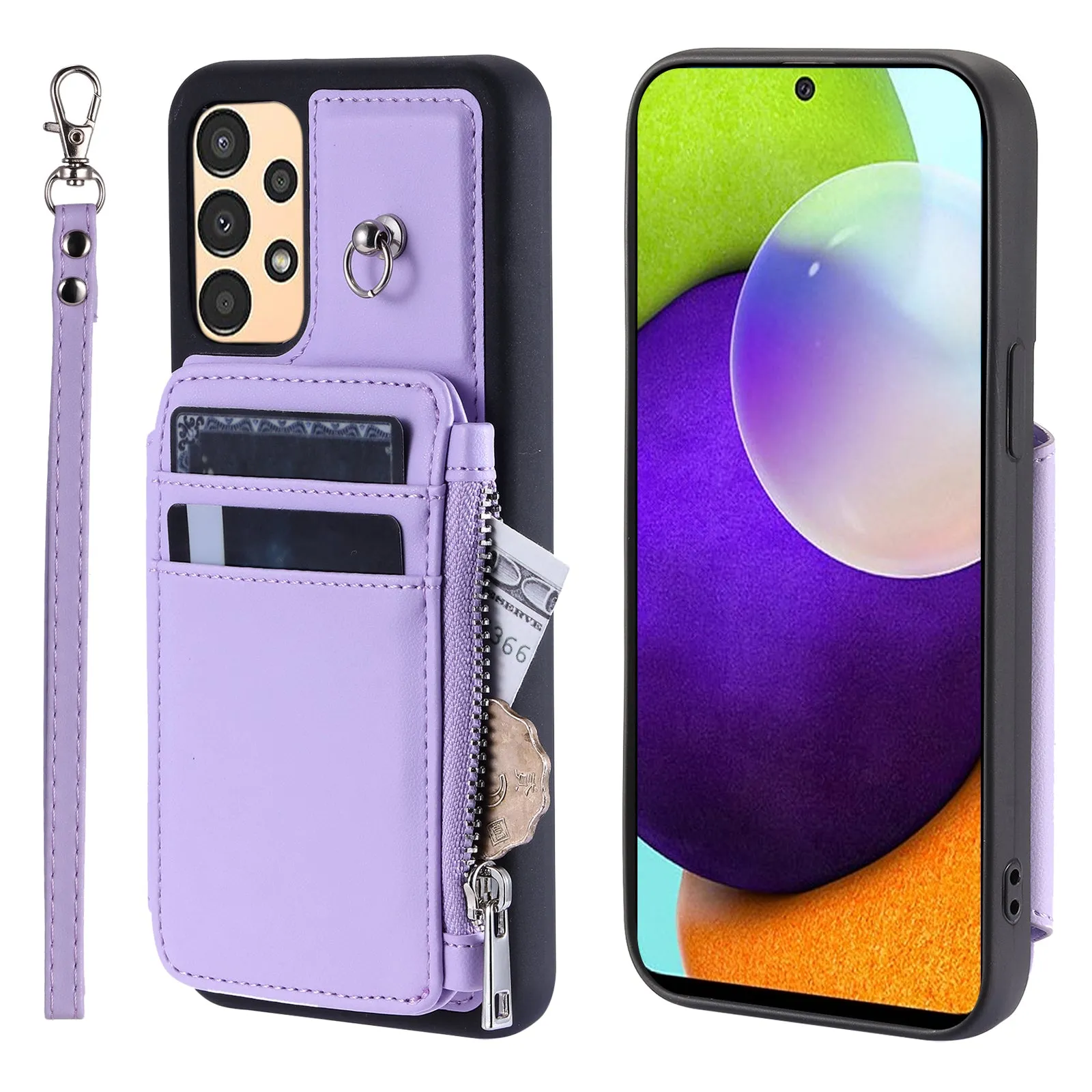 009 For Samsung Galaxy A52 4G / A52 5G / 52s 5G RFID Blocking Phone Case PU TPU Cover Kickstand Zipper Wallet Shell with Strap