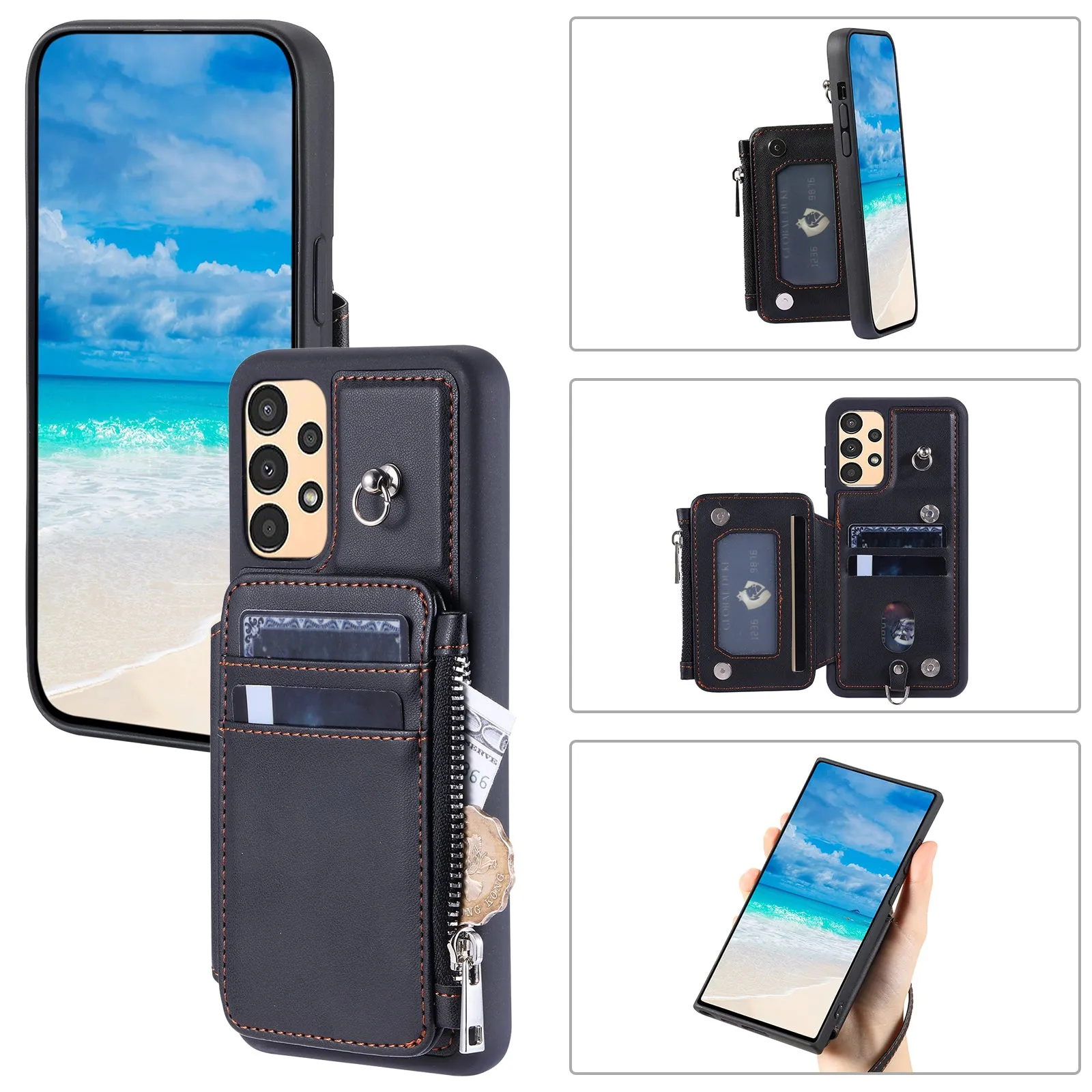 009 For Samsung Galaxy A52 4G / A52 5G / 52s 5G RFID Blocking Phone Case PU TPU Cover Kickstand Zipper Wallet Shell with Strap