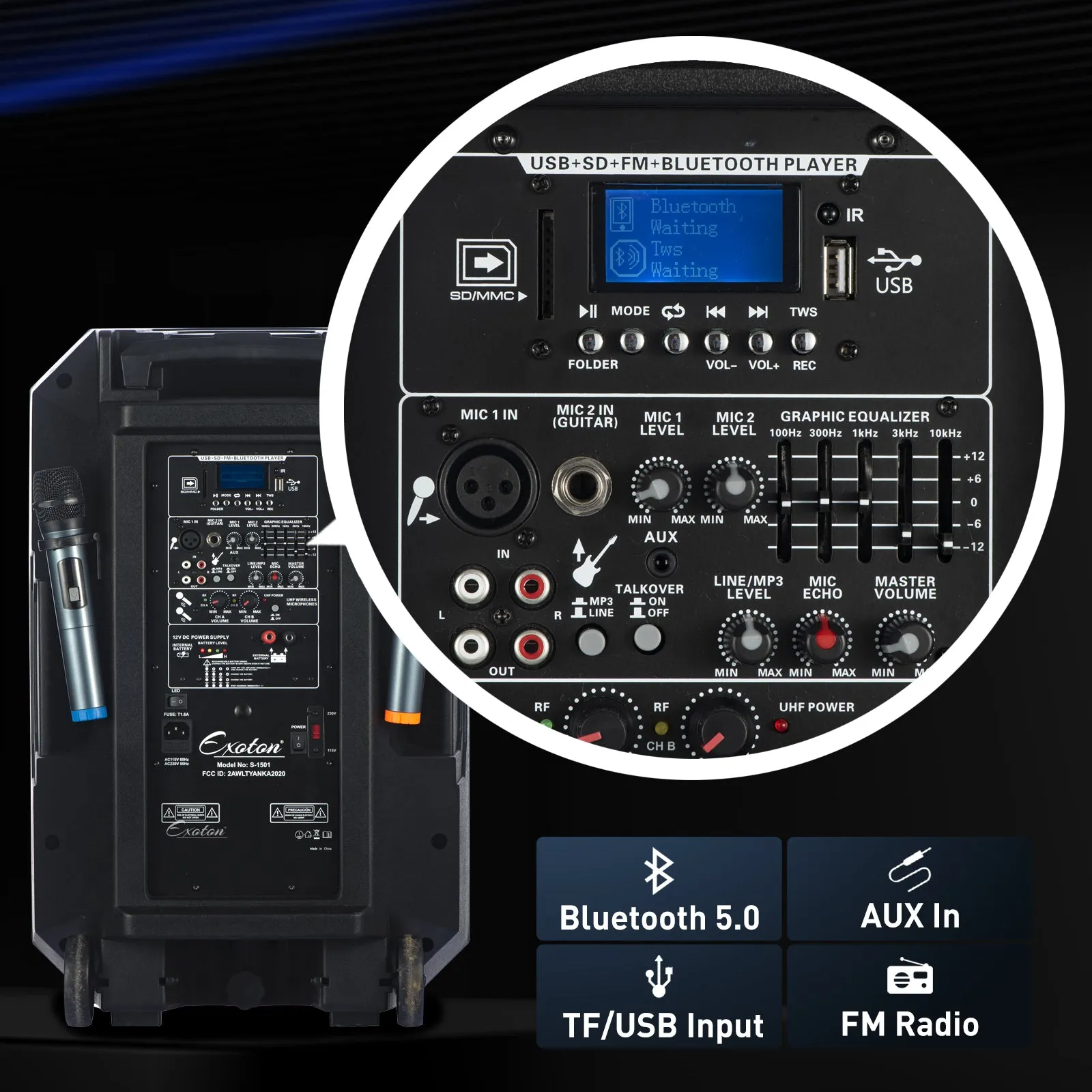 1600W 15-inch Bluetooth Portable PA System With Wireless Mic