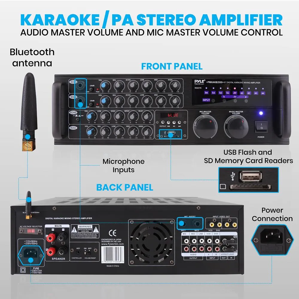 2000 Watt Bluetooth Stereo Mixer Karaoke Amplifier, Microphone/Rca Audio/Video Inputs, Mic-Talkover, Usb/Sd Readers, Rack Mountable Amp