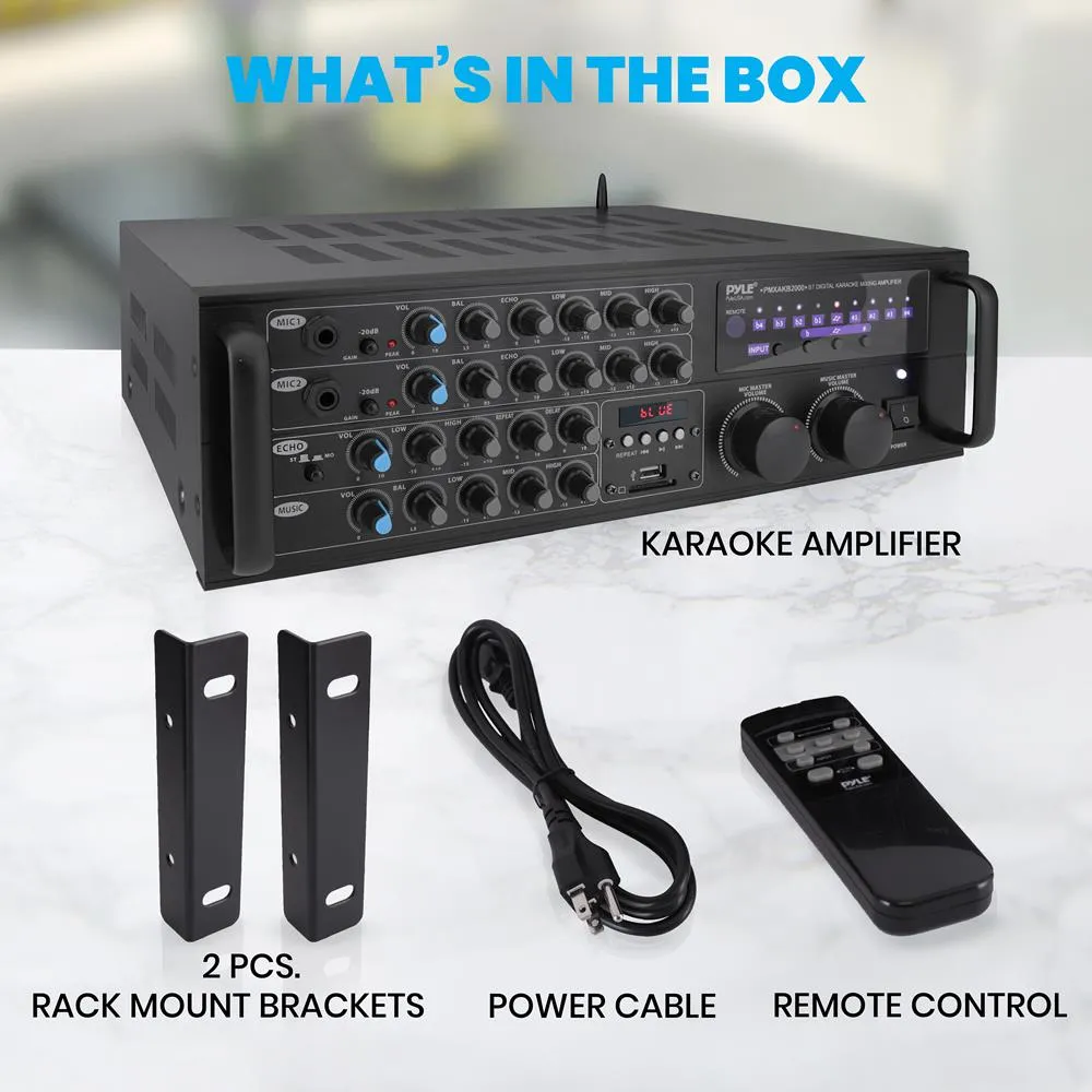 2000 Watt Bluetooth Stereo Mixer Karaoke Amplifier, Microphone/Rca Audio/Video Inputs, Mic-Talkover, Usb/Sd Readers, Rack Mountable Amp
