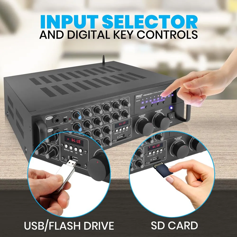 2000 Watt Bluetooth Stereo Mixer Karaoke Amplifier, Microphone/Rca Audio/Video Inputs, Mic-Talkover, Usb/Sd Readers, Rack Mountable Amp
