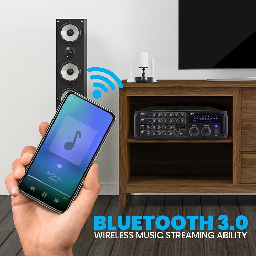 2000 Watt Bluetooth Stereo Mixer Karaoke Amplifier, Microphone/Rca Audio/Video Inputs, Mic-Talkover, Usb/Sd Readers, Rack Mountable Amp