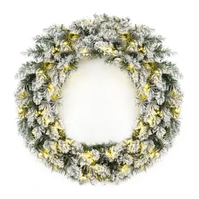 24in Pre-Lit Artificial Flocked Christmas Pine Wreath w/ 50 White LED Lights