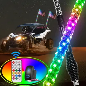 2Pcs 3FT Spiral Antenna W/ Spring Base Led Whip Light RF Remote Control | 8.6FT Wire 5Pin Switch