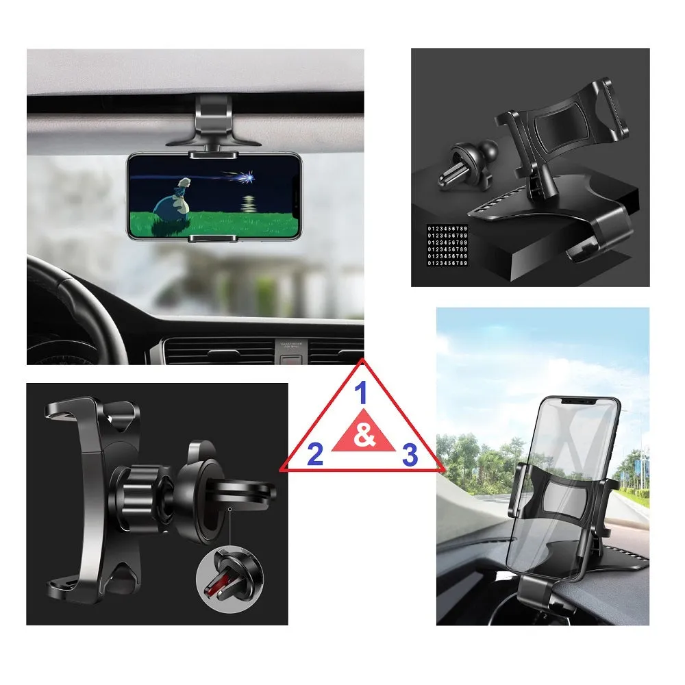 3 in 1 Car GPS Smartphone Holder: Dashboard / Visor Clamp   AC Grid Clip for BLU Studio J1 - Black