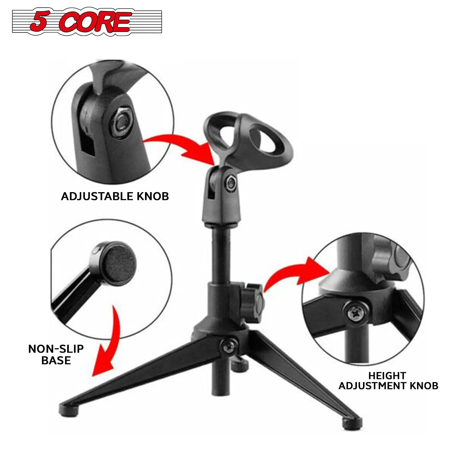 5 Core Desk Mic Stand ,Height Adjustable Table Tripod Portable Desktop Microphone Stand Includes Universal Mic Holder ,Compatible w Dynamic Handheld Microphones- MS MINI TRI BLK