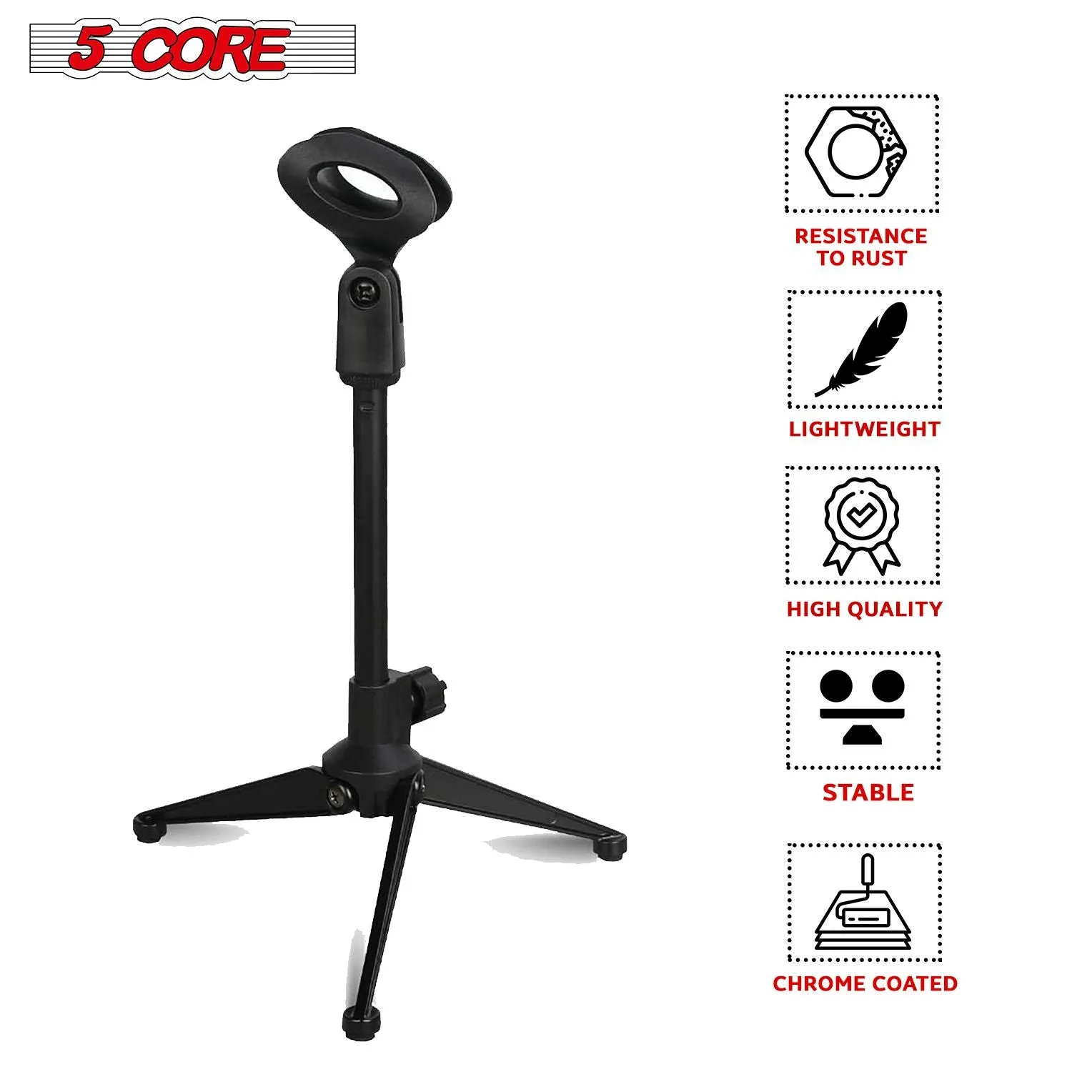5 Core Desk Mic Stand ,Height Adjustable Table Tripod Portable Desktop Microphone Stand Includes Universal Mic Holder ,Compatible w Dynamic Handheld Microphones- MS MINI TRI BLK