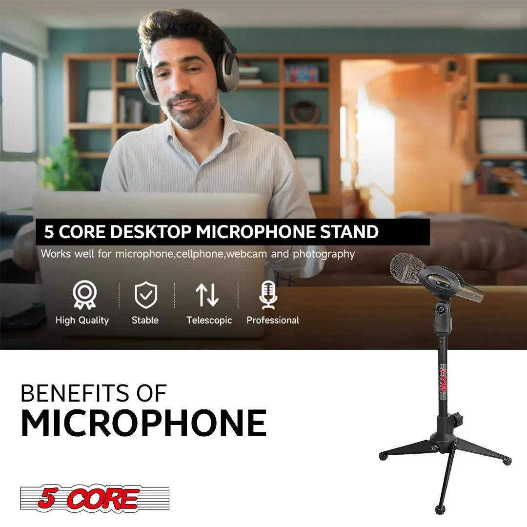 5 Core Desk Mic Stand ,Height Adjustable Table Tripod Portable Desktop Microphone Stand Includes Universal Mic Holder ,Compatible w Dynamic Handheld Microphones- MS MINI TRI BLK