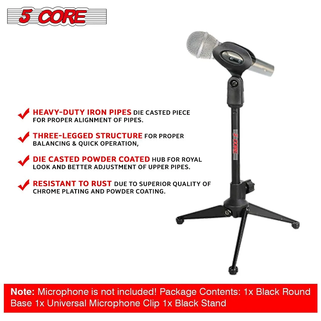 5 Core Desk Mic Stand ,Height Adjustable Table Tripod Portable Desktop Microphone Stand Includes Universal Mic Holder ,Compatible w Dynamic Handheld Microphones- MS MINI TRI BLK