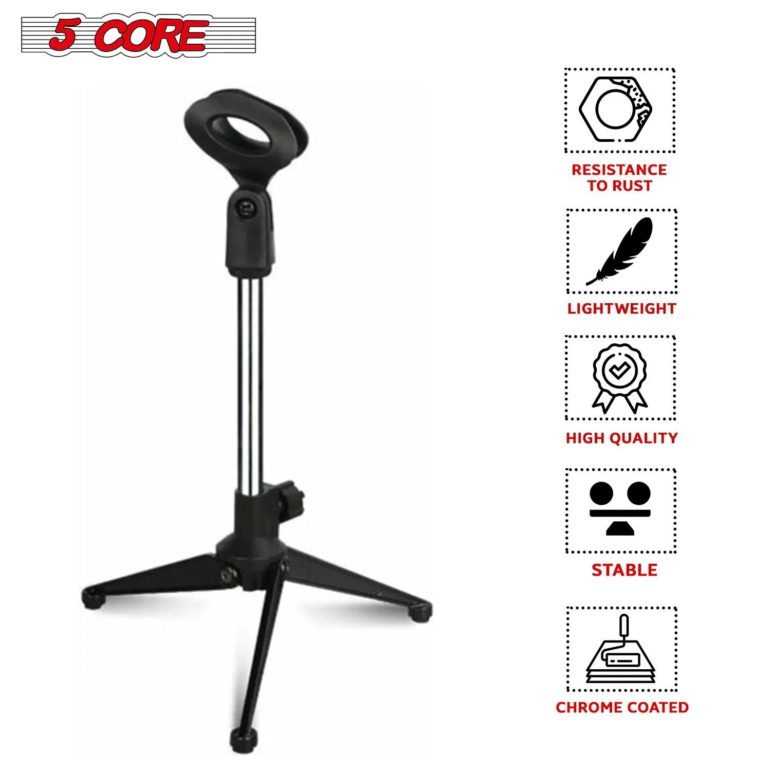 5 Core Desk Mic Stand  Height Adjustable Table Tripod Portable Desktop Microphone Stand  Includes Universal Mic Holder Compatible w Dynamic Handheld Microphones- MS MINI TRI CH