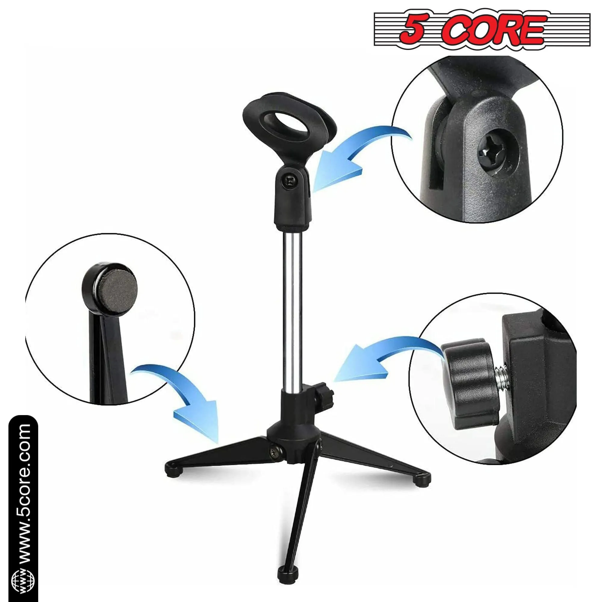 5 Core Desk Mic Stand  Height Adjustable Table Tripod Portable Desktop Microphone Stand  Includes Universal Mic Holder Compatible w Dynamic Handheld Microphones- MS MINI TRI CH