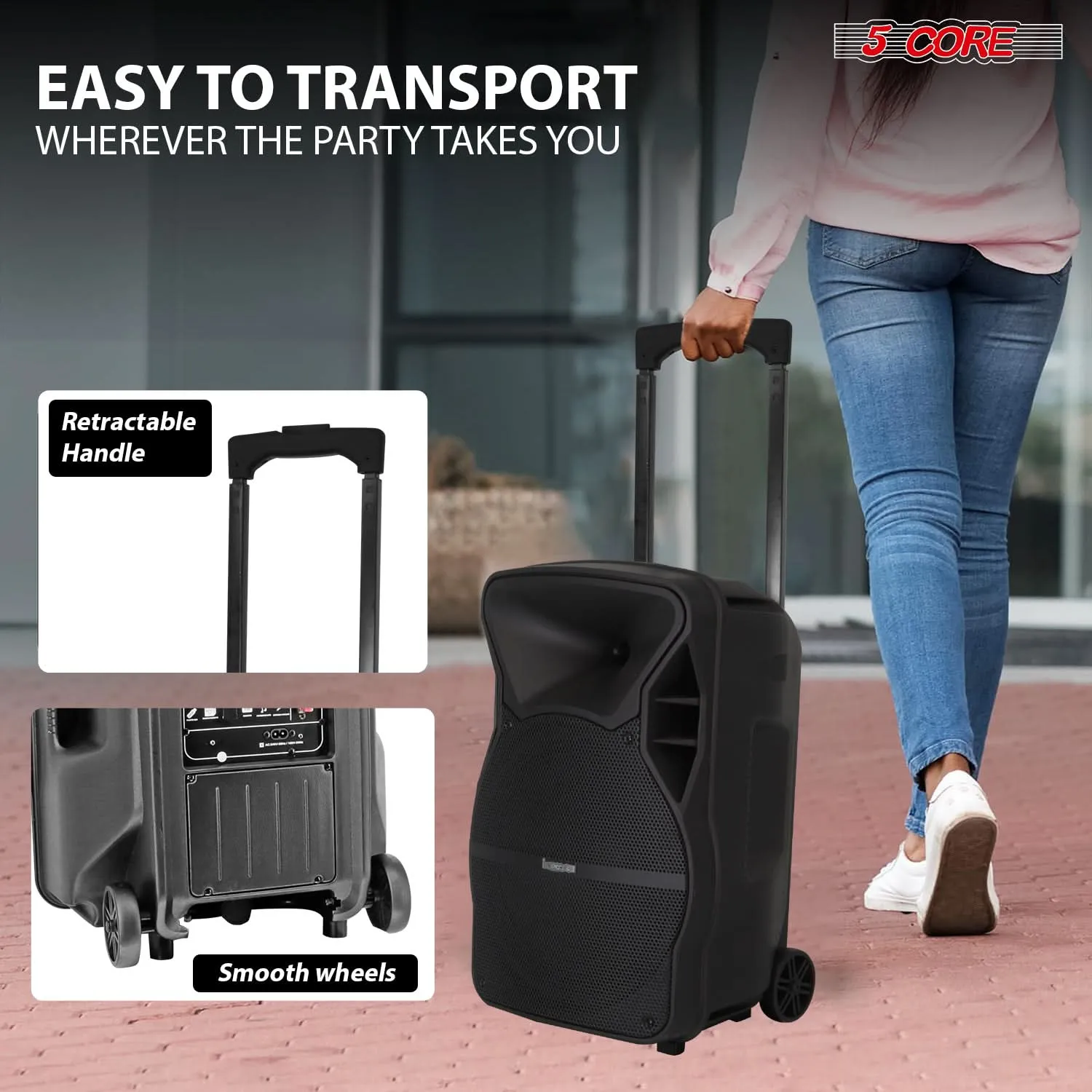 5Core 15 inch PA Portable Bluetooth Party Speaker Karaoke Boombox   2 Wireless Mics