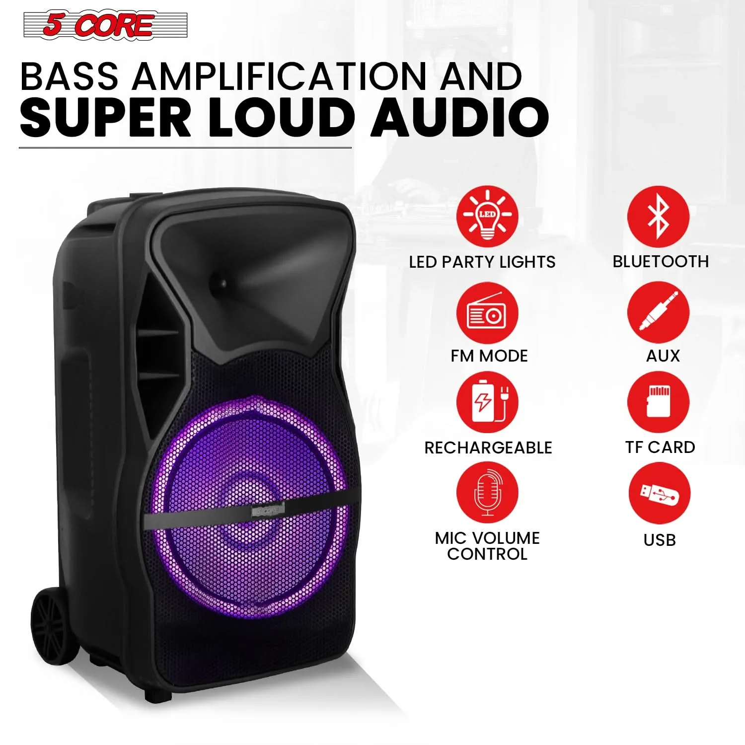 5Core 15 inch PA Portable Bluetooth Party Speaker Karaoke Boombox   2 Wireless Mics