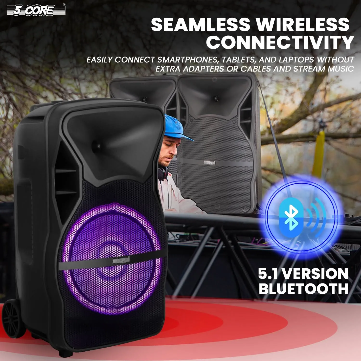 5Core 15 inch PA Portable Bluetooth Party Speaker Karaoke Boombox   2 Wireless Mics