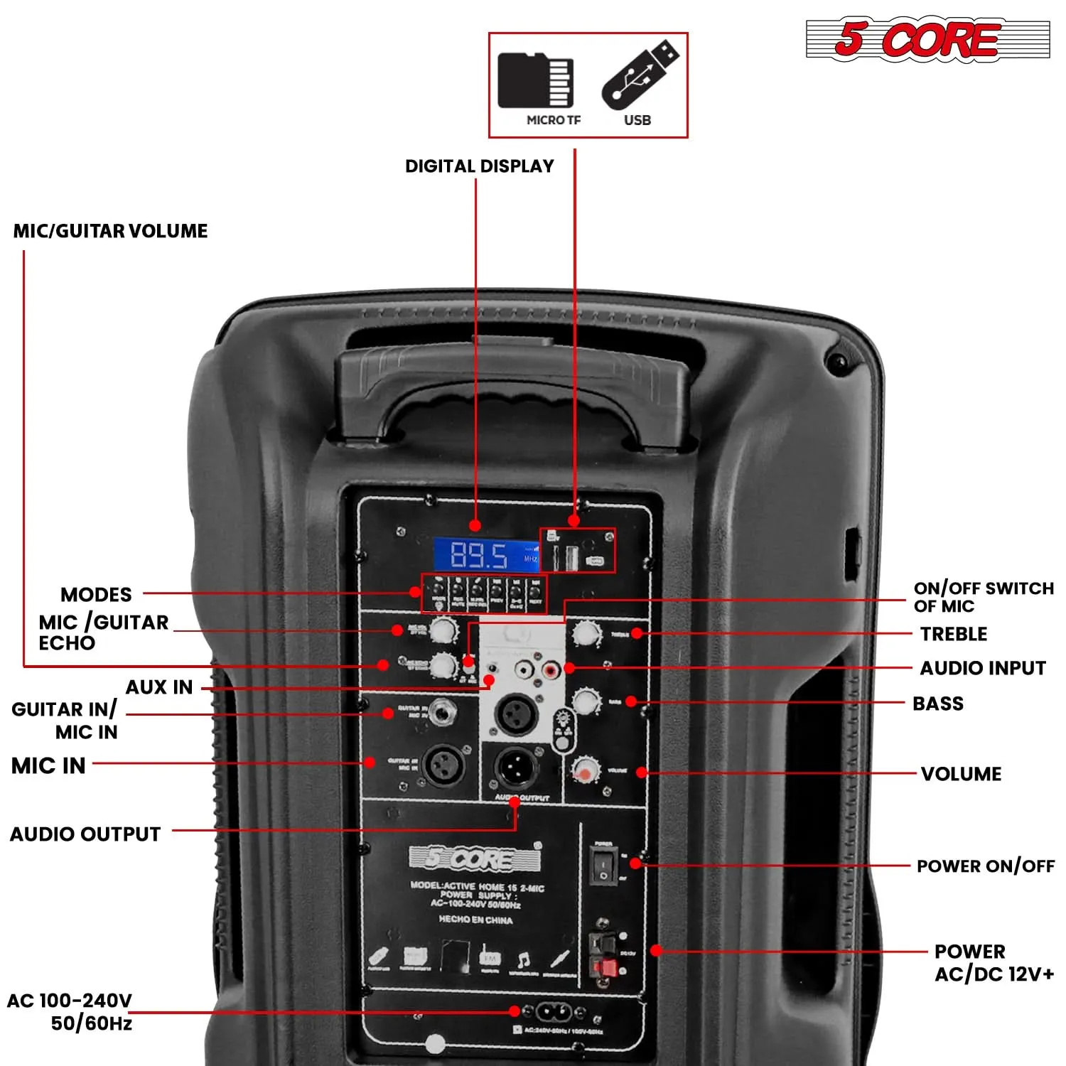 5Core 15 inch PA Portable Bluetooth Party Speaker Karaoke Boombox   2 Wireless Mics