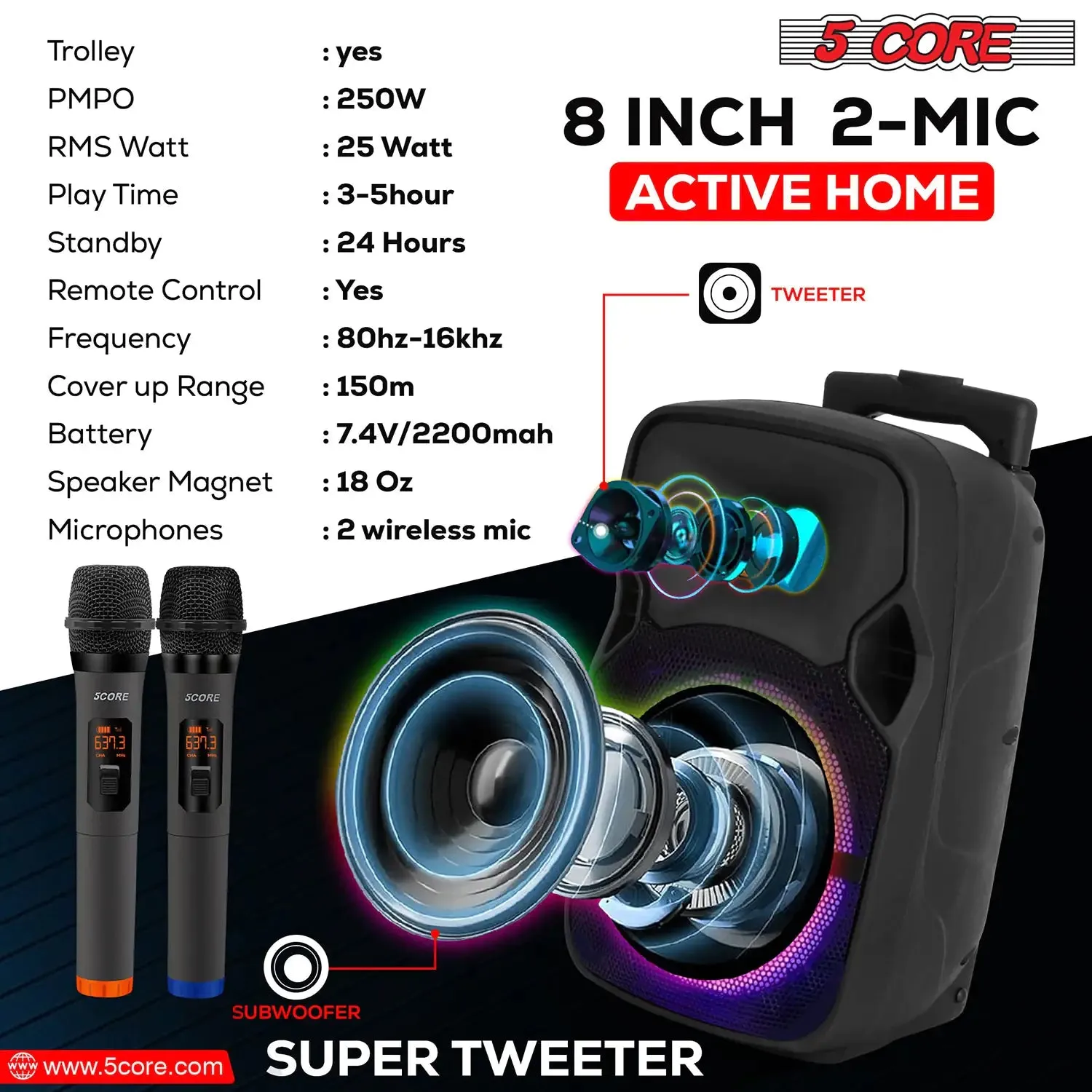 5Core 8 inch PA Portable Bluetooth Party Speaker Karaoke Boombox   2 Wireless Mics