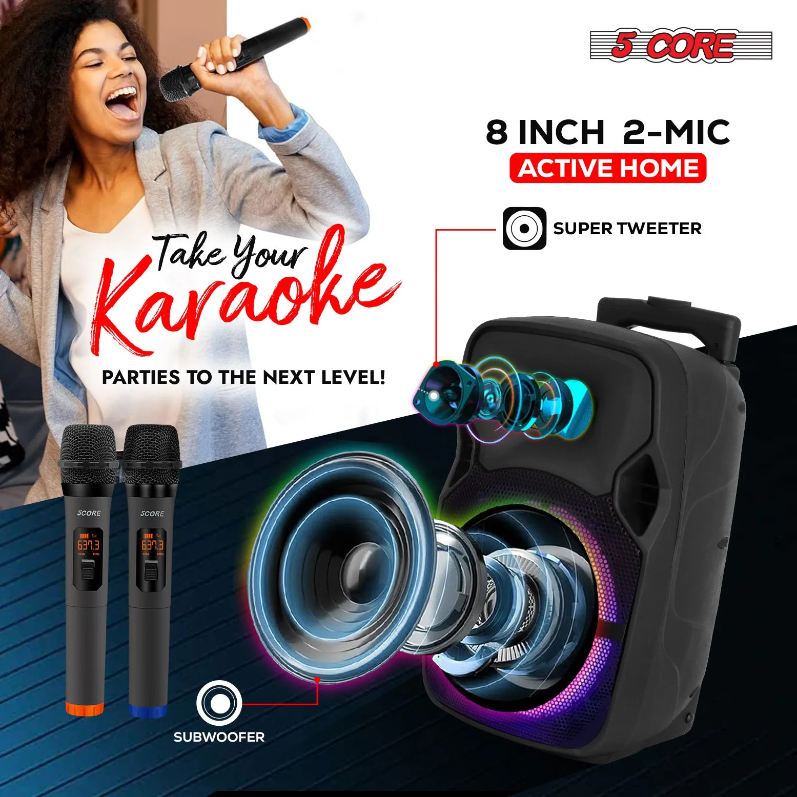 5Core 8 inch PA Portable Bluetooth Party Speaker Karaoke Boombox   2 Wireless Mics