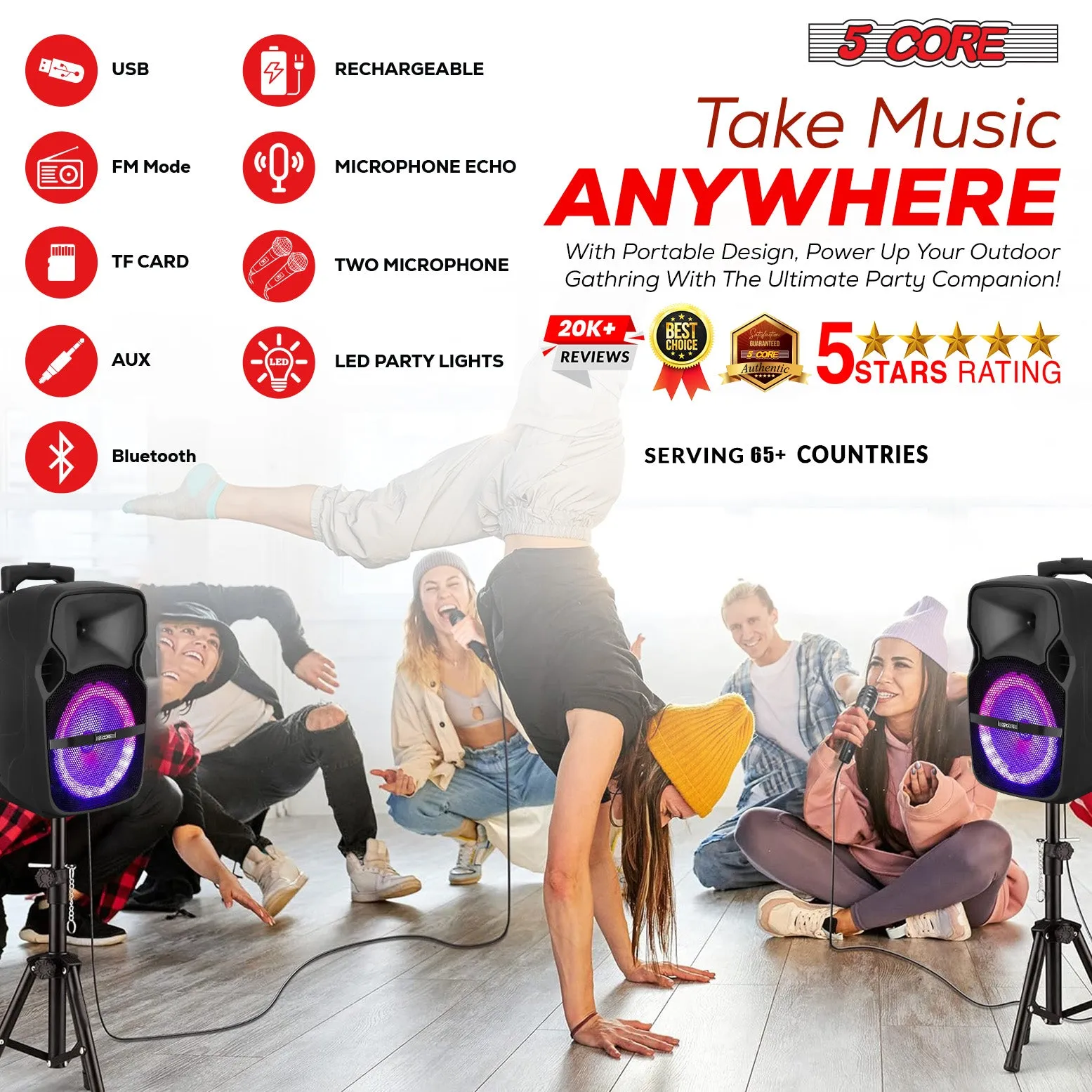 5Core 8 inch PA Portable Bluetooth Party Speaker Karaoke Boombox   2 Wireless Mics