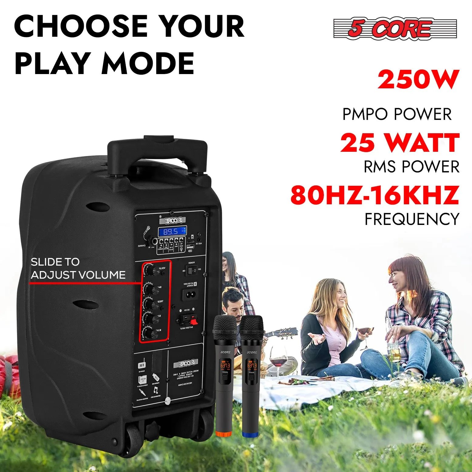5Core 8 inch PA Portable Bluetooth Party Speaker Karaoke Boombox   2 Wireless Mics