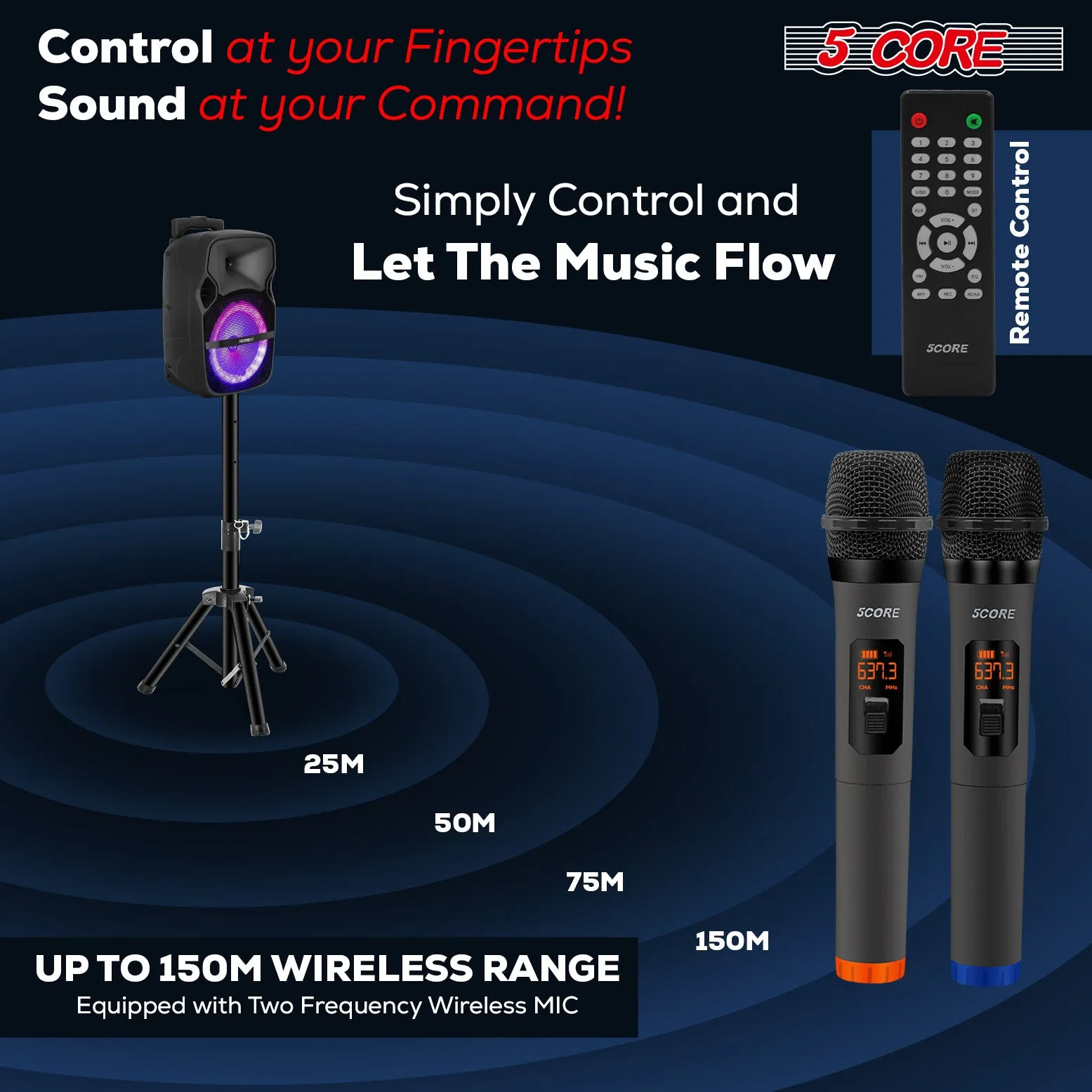 5Core 8 inch PA Portable Bluetooth Party Speaker Karaoke Boombox   2 Wireless Mics