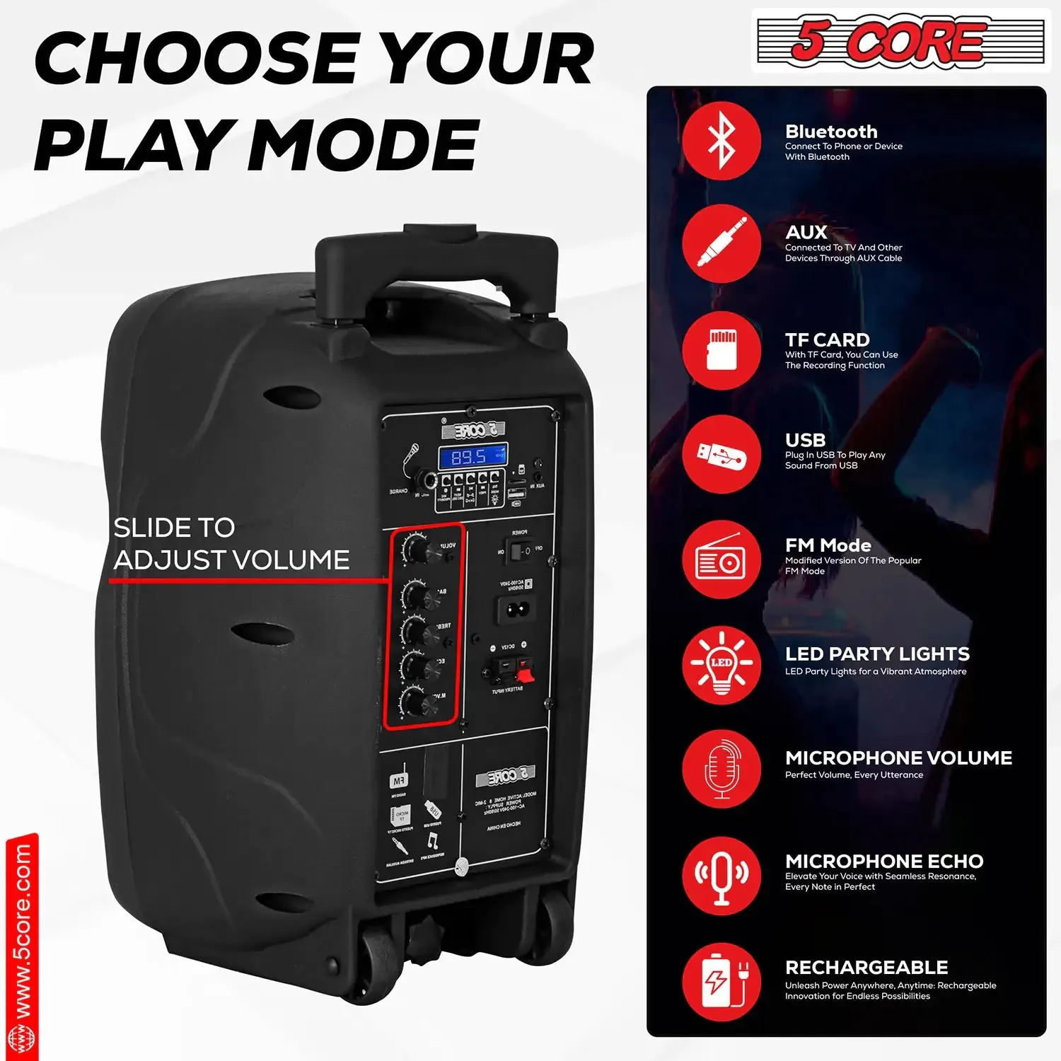 5Core 8 inch PA Portable Bluetooth Party Speaker Karaoke Boombox   2 Wireless Mics