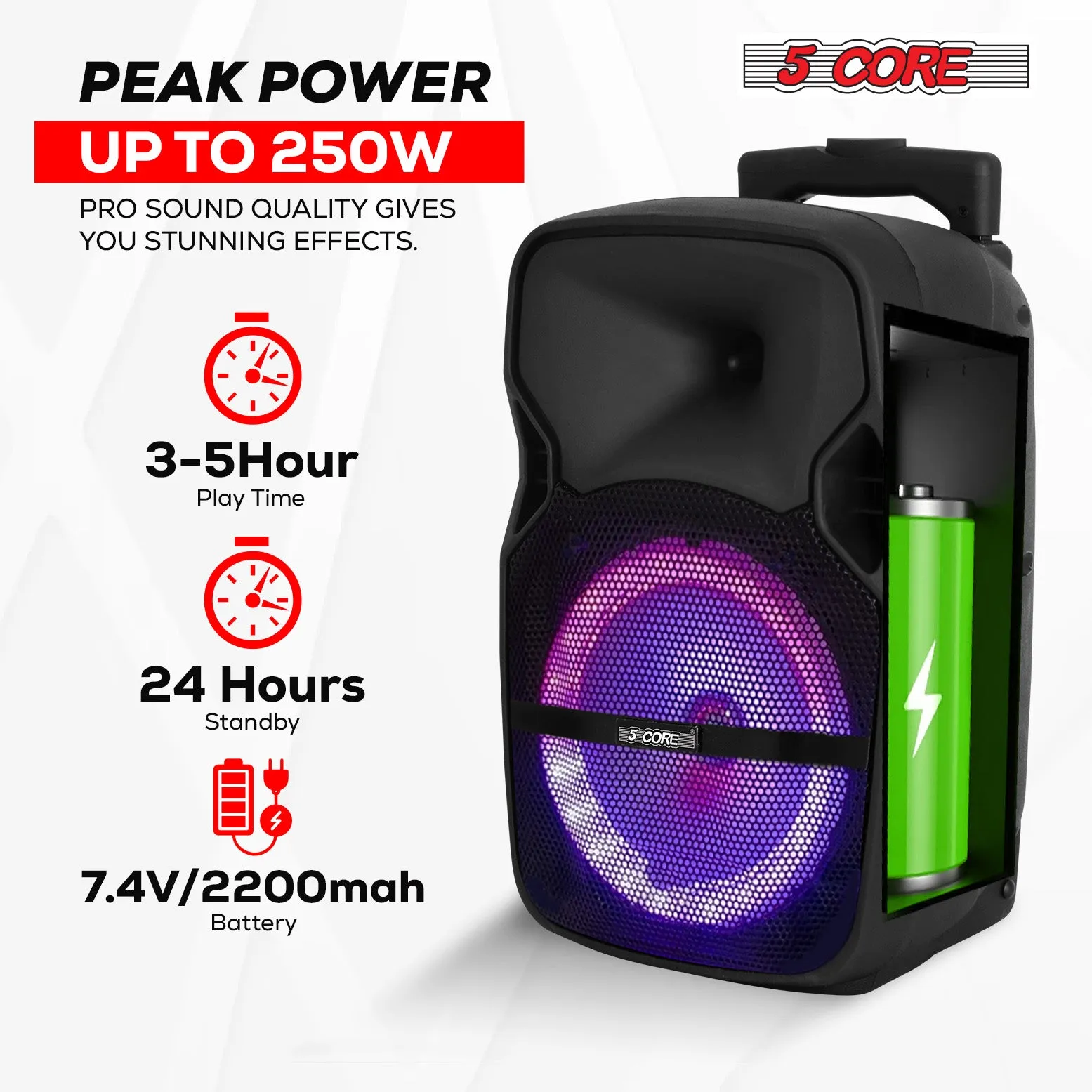 5Core 8 inch PA Portable Bluetooth Party Speaker Karaoke Boombox   2 Wireless Mics
