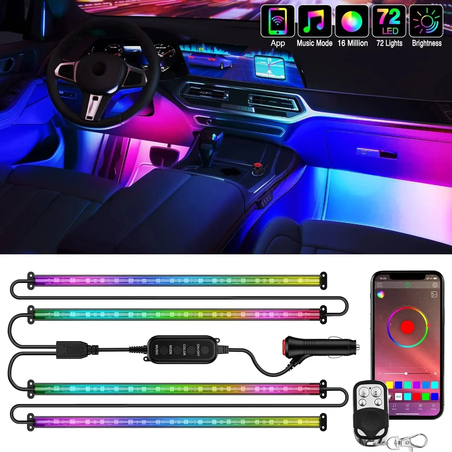 72Leds RGBIC Interior Light Strip APP RF Remote Control 4PCS