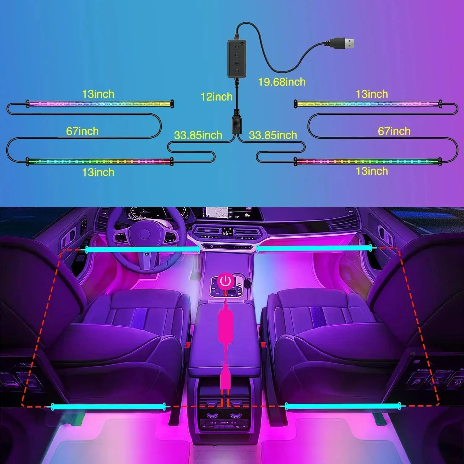 72Leds RGBIC USB Interior Light Strip APP RF Remote Control 4PCS