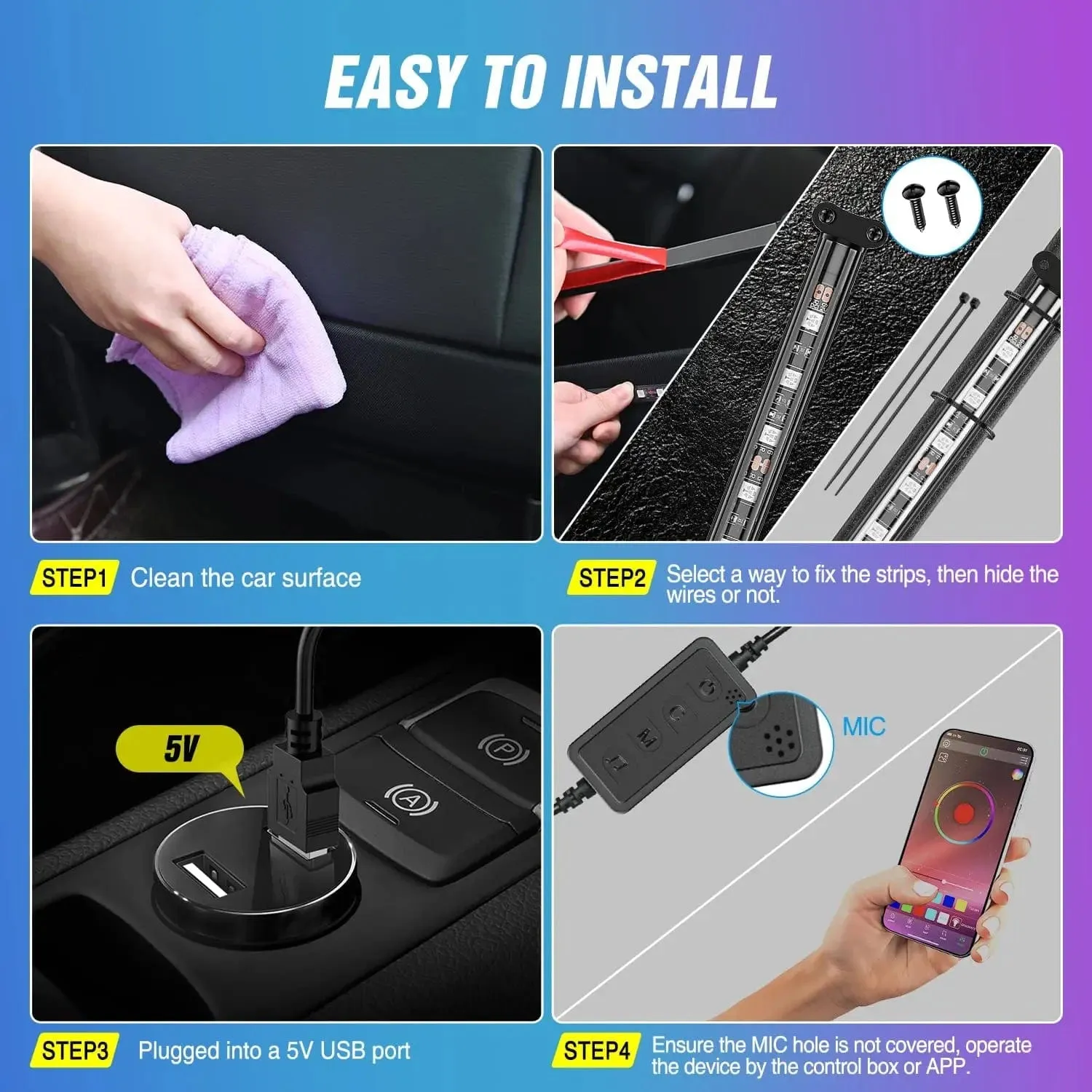72Leds RGBIC USB Interior Light Strip APP RF Remote Control 4PCS