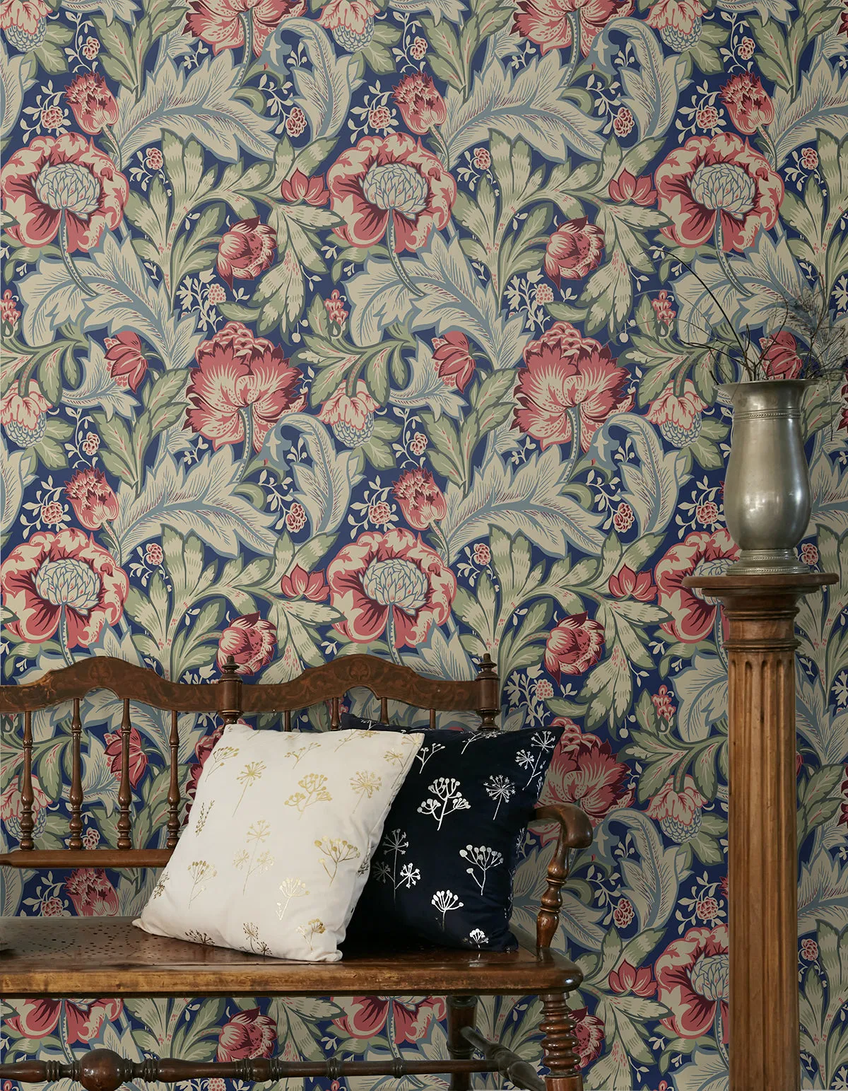 Acanthus Garden Wallpaper in Marine Blue & Watermelon