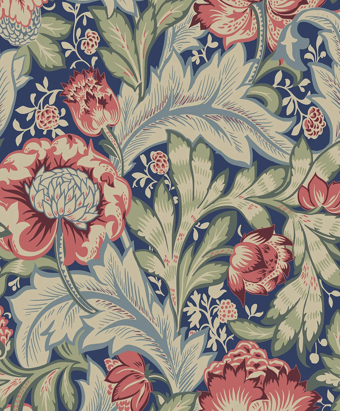 Acanthus Garden Wallpaper in Marine Blue & Watermelon