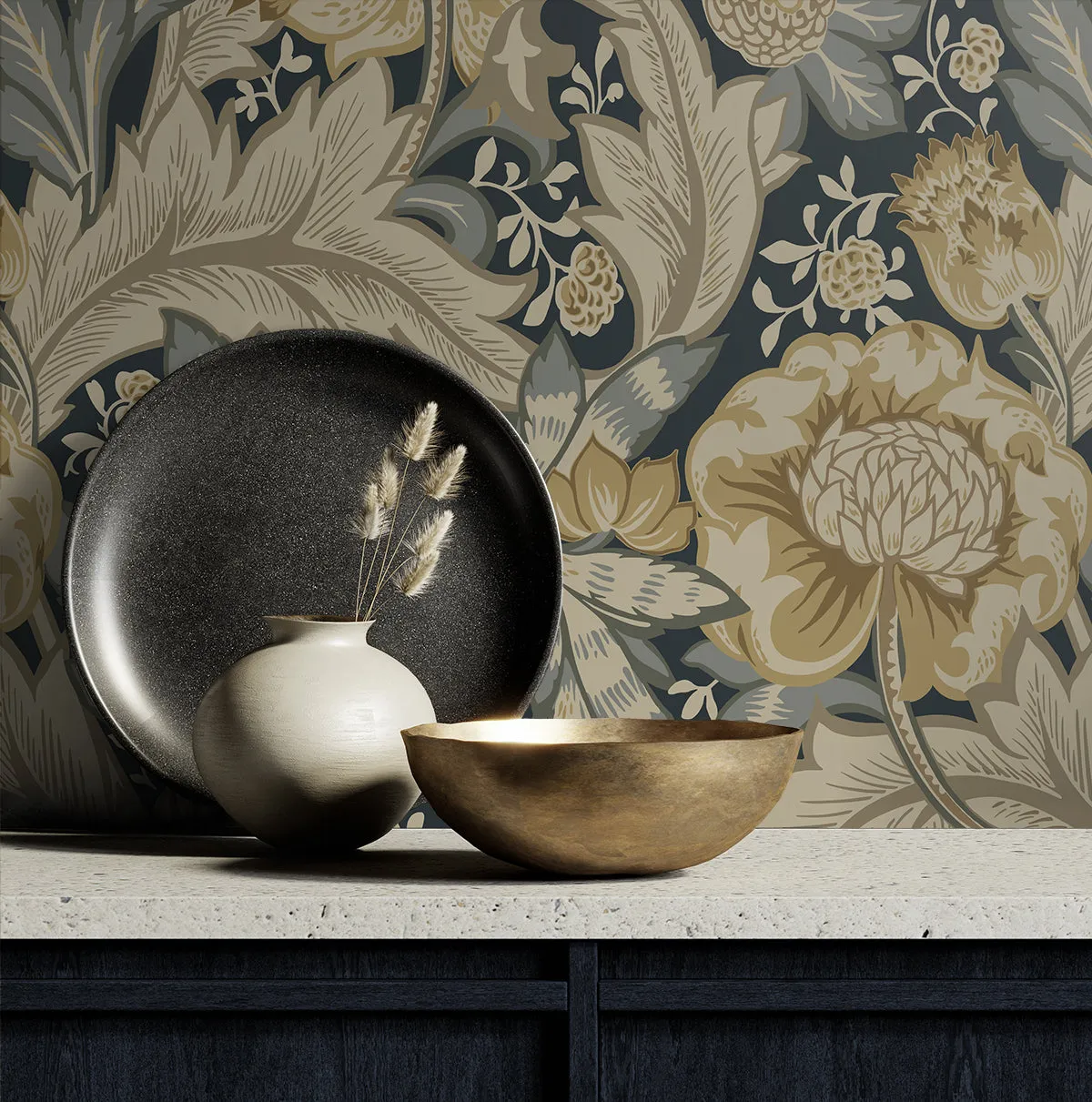 Acanthus Garden Wallpaper in Midnight Blue & Beige