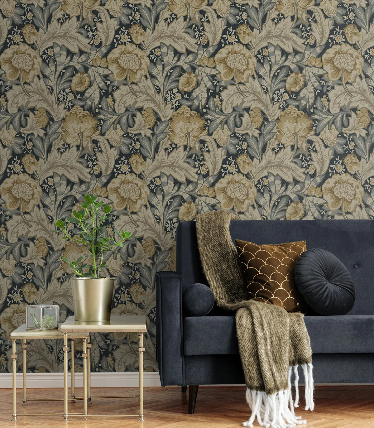 Acanthus Garden Wallpaper in Midnight Blue & Beige