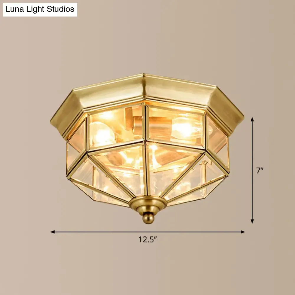 Antique Glass Octagonal Flush Ceiling Light - 3 Bulb Brass Finish