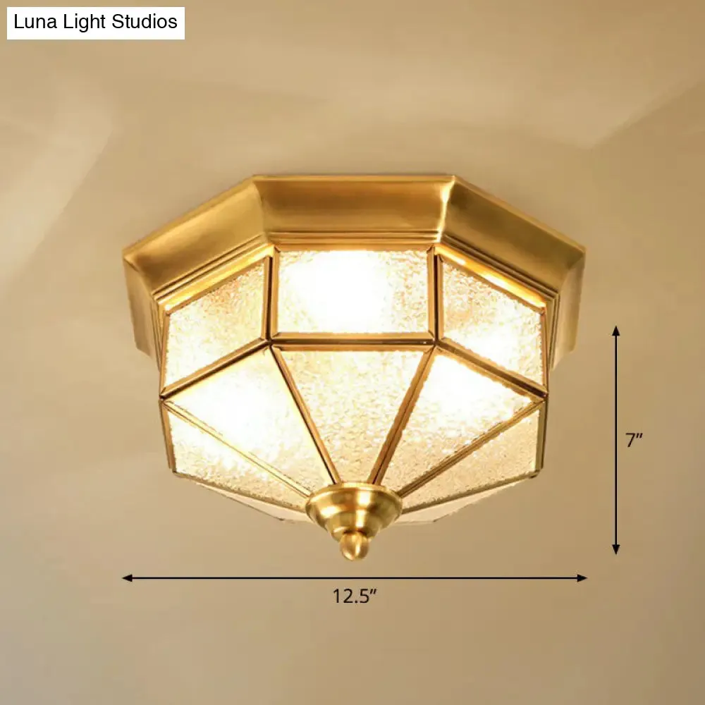Antique Glass Octagonal Flush Ceiling Light - 3 Bulb Brass Finish