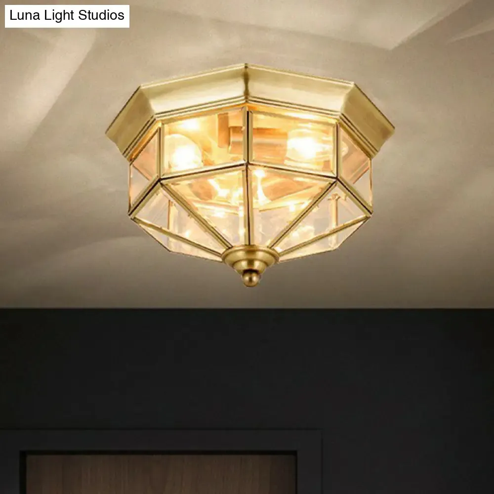 Antique Glass Octagonal Flush Ceiling Light - 3 Bulb Brass Finish