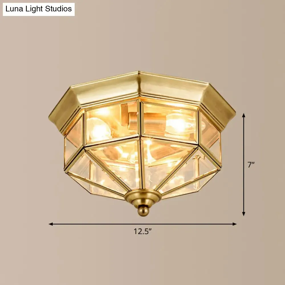 Antique Glass Octagonal Flush Ceiling Light - 3 Bulb Brass Finish