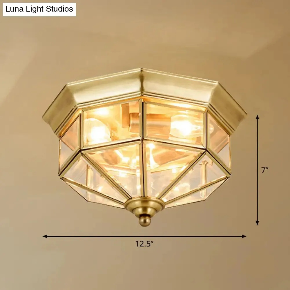 Antique Glass Octagonal Flush Ceiling Light - 3 Bulb Brass Finish