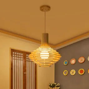 Black and Beige Wine Jar Pendulum Light Kit with Wood Cage - Asian Single Bulb Hanging Lamp