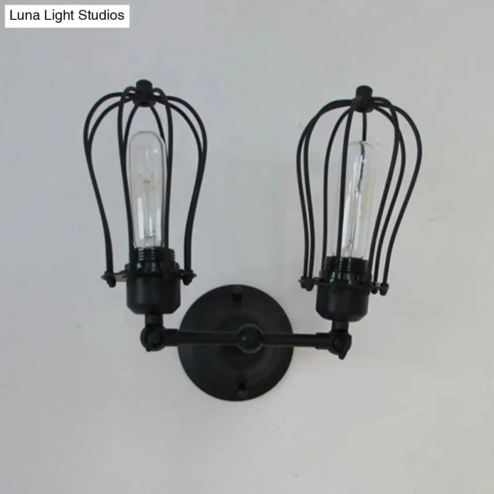 Black Metal Cage Wall Mount Light with Pivot Joint - Industrial Bedroom Sconce Lamp