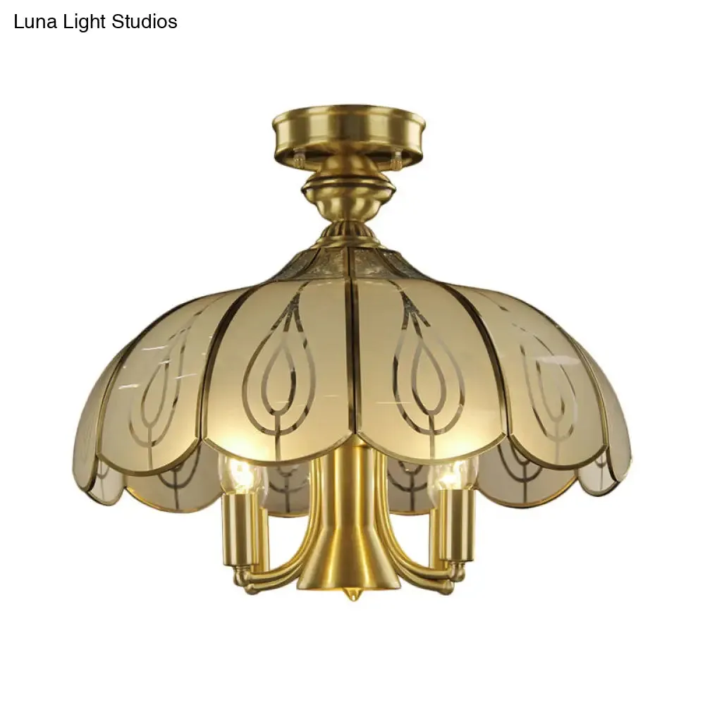 Brass Semi Flush Ceiling Mounted Fixture with Scalloped Frosted Glass & Leaf Pattern - 4 Heads, Rural Style