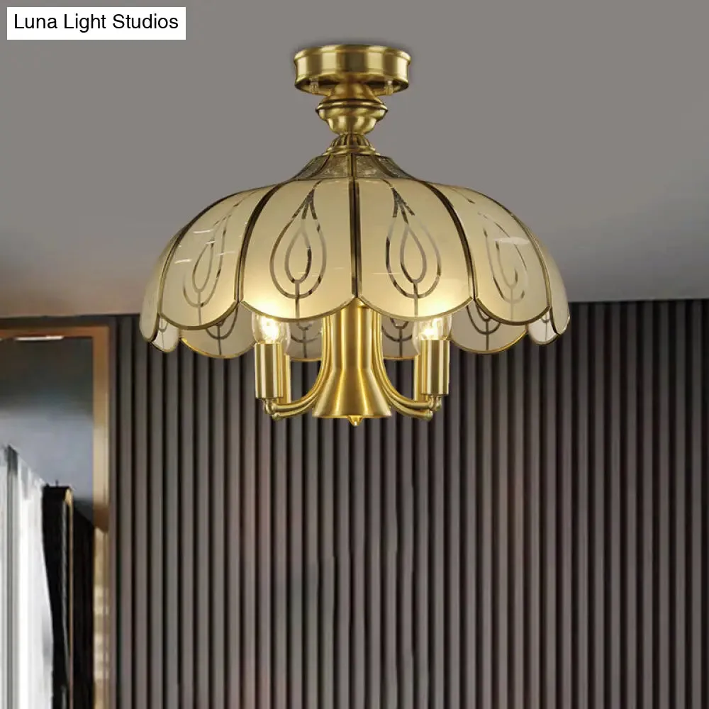 Brass Semi Flush Ceiling Mounted Fixture with Scalloped Frosted Glass & Leaf Pattern - 4 Heads, Rural Style