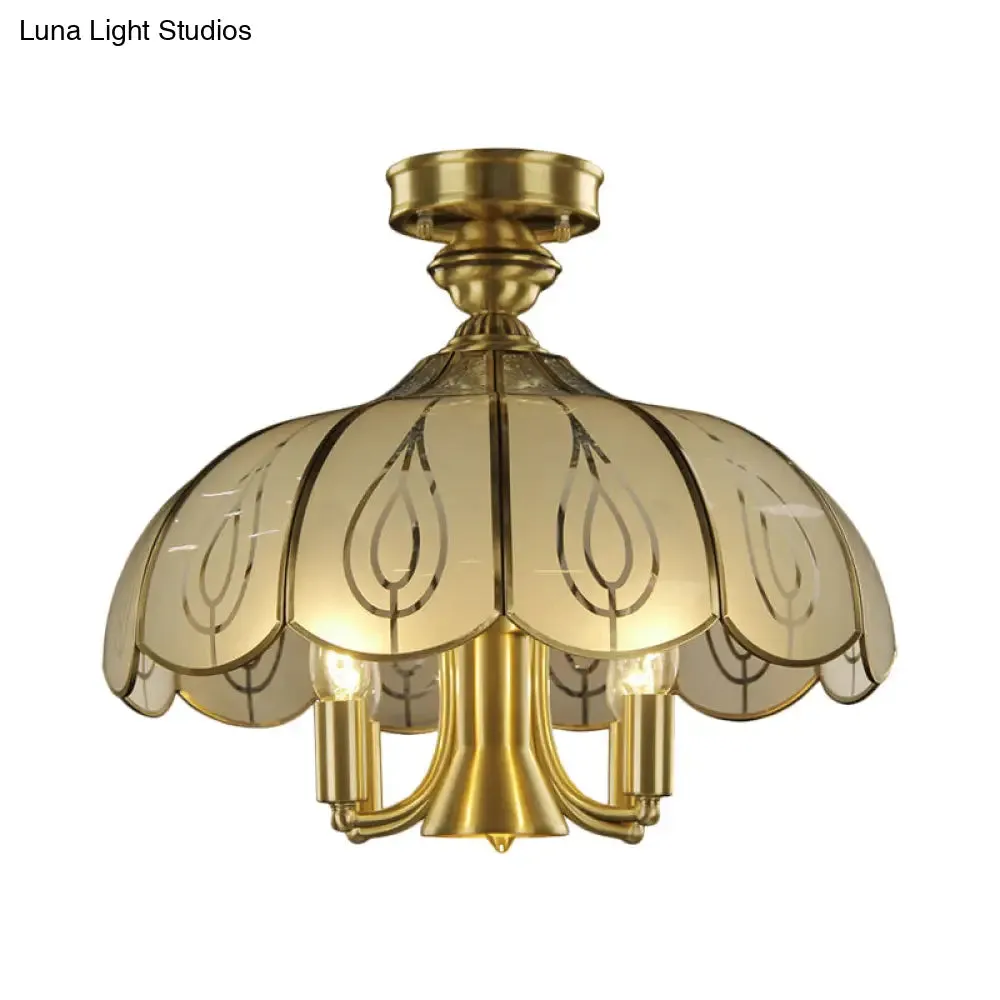 Brass Semi Flush Ceiling Mounted Fixture with Scalloped Frosted Glass & Leaf Pattern - 4 Heads, Rural Style